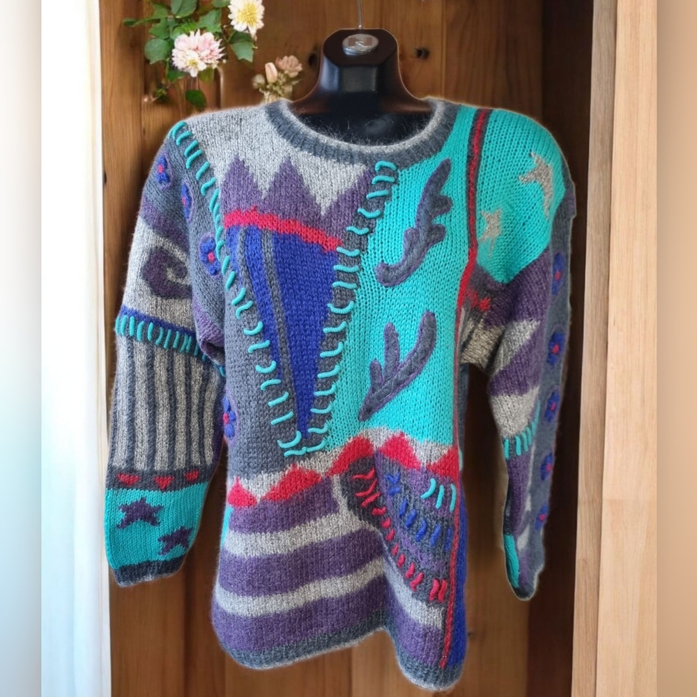 Magnolia Vintage Mohair Blend Colourful Patterned Women's Sweater Sz L